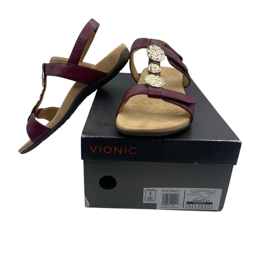 Vionic Farra Lizard Embossed Strappy Sandals Burgundy Gold Tone Womens 10